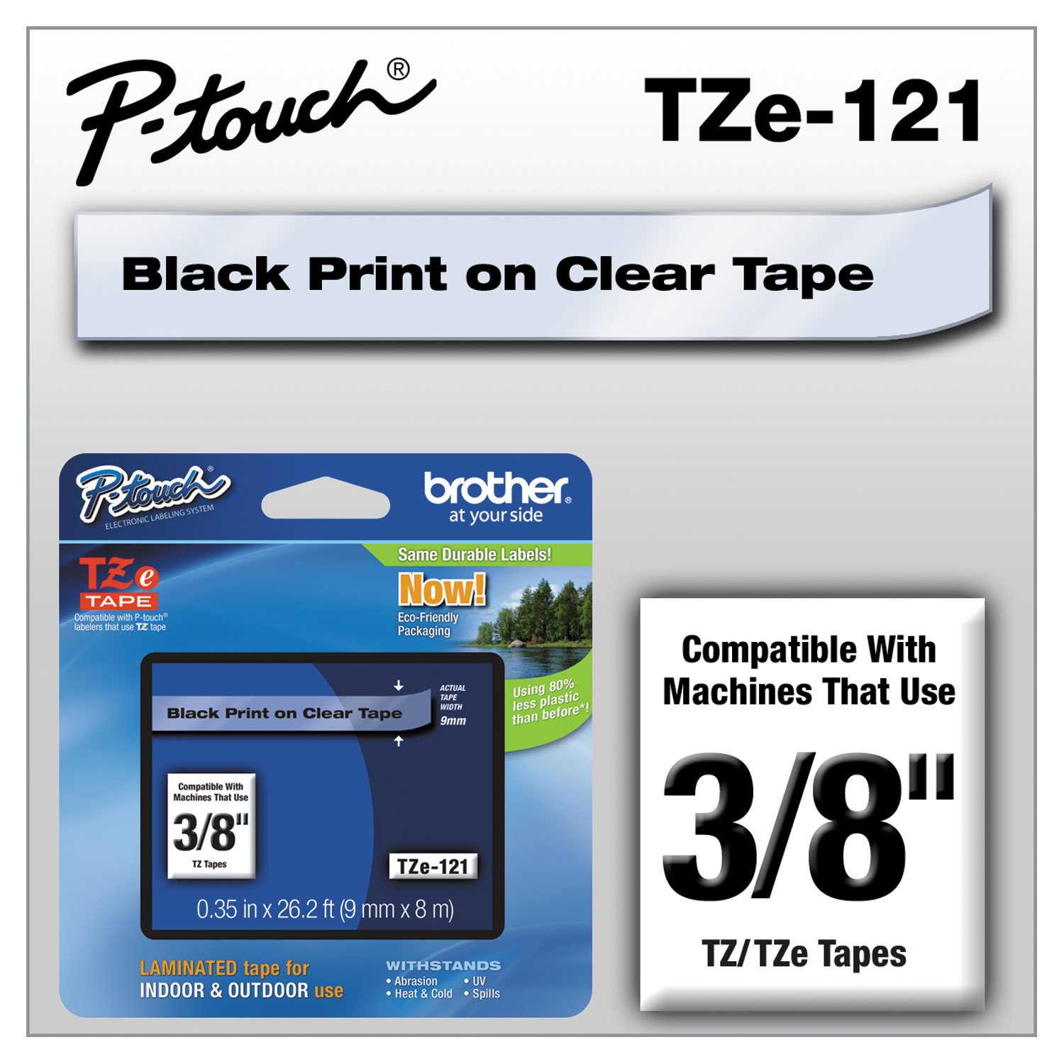 Brother TZe-121 Labelling Tape Cassette, 9 mm (W) x 8 m (L), Laminated, Brother Genuine Supplies - Black on Clear