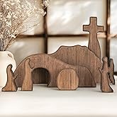 NEROSUN Empty Tomb Easter Scene and Cross Decoration, Wooden Jesus Resurrection Nativity Set, Religious Christian Tabletop De
