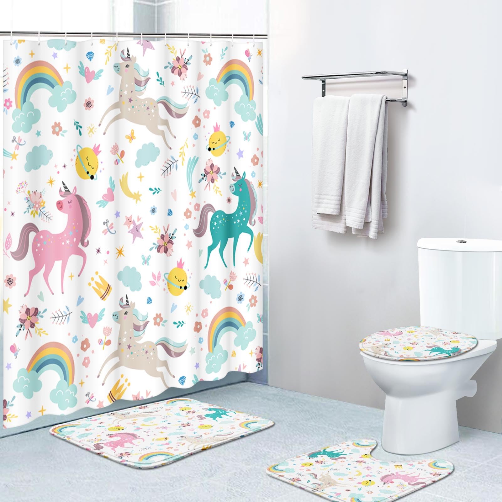 Photo 1 of Britimes 4 Piece Shower Curtain Sets, with 12 Hooks, Unicorns Animal with Non-Slip Rugs, Toilet Lid Cover and Bath Mat for Bathroom Decor Set, 72" x 72"