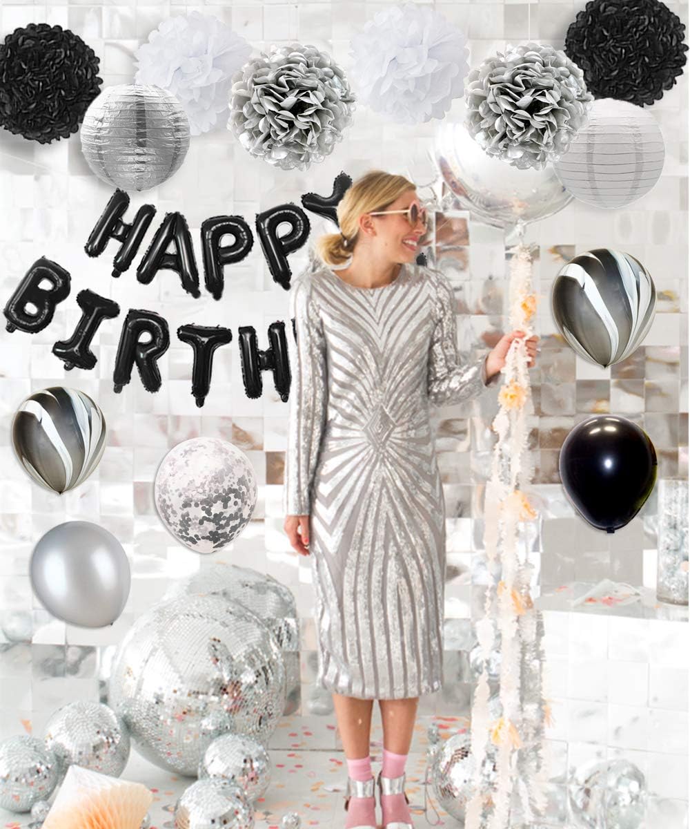 JOYMEMO Black and Silver Birthday Decorations, Black White Confetti Marble Balloons Set, Happy Birthday Banner - Image 3