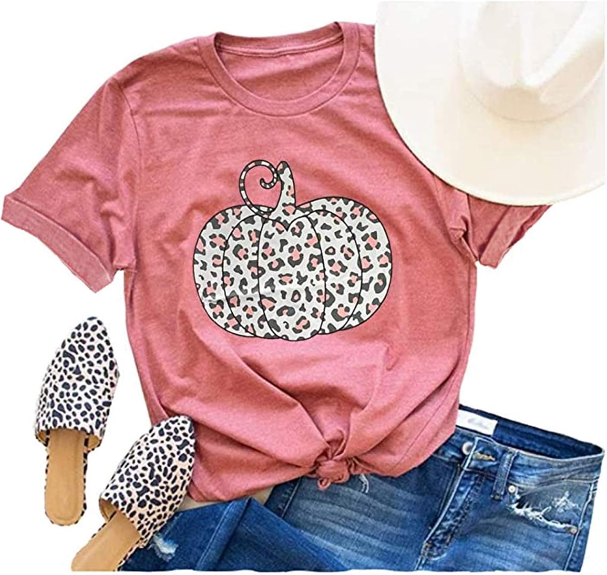 Woffccrd Womens Funny Leopard Pumpkin Printed Shirts Halloween Short Sleeve Graphic Tees Fall T-Shirts Tops: Clothing
