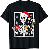 Christmas Skeleton Hat Santa Coffee Candy Cane Xmas Womens T-Shirt