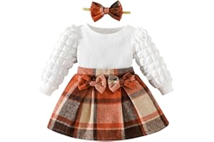 NOUBEAU Toddler Baby Girl Plaid Dress Puff Sleeve Bow Patchwork Ribbed Shirts Dress Plaid Fall Winter Outfits with Headband