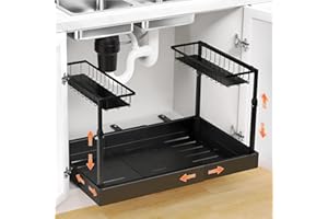 Aisslro Under Sink Organizer, 2 Tier Pull Out Cabinet Organizer, Expandable & Adjustable Slide Out Shelf 45–75cm, Under Sink 