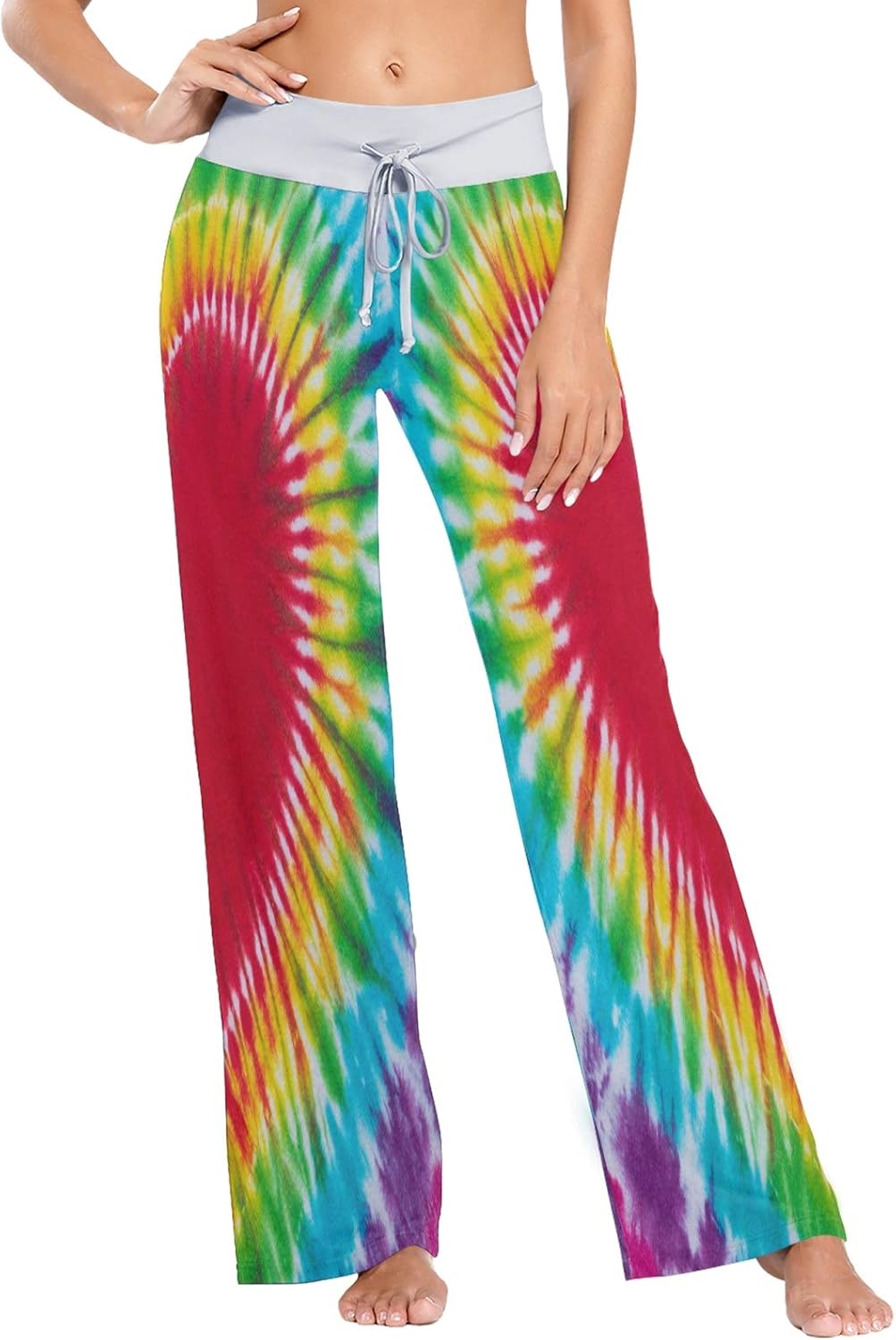 Womens Rainbow Tie Dye Hearts Pajama Bottoms, Drawstring Long Pajama