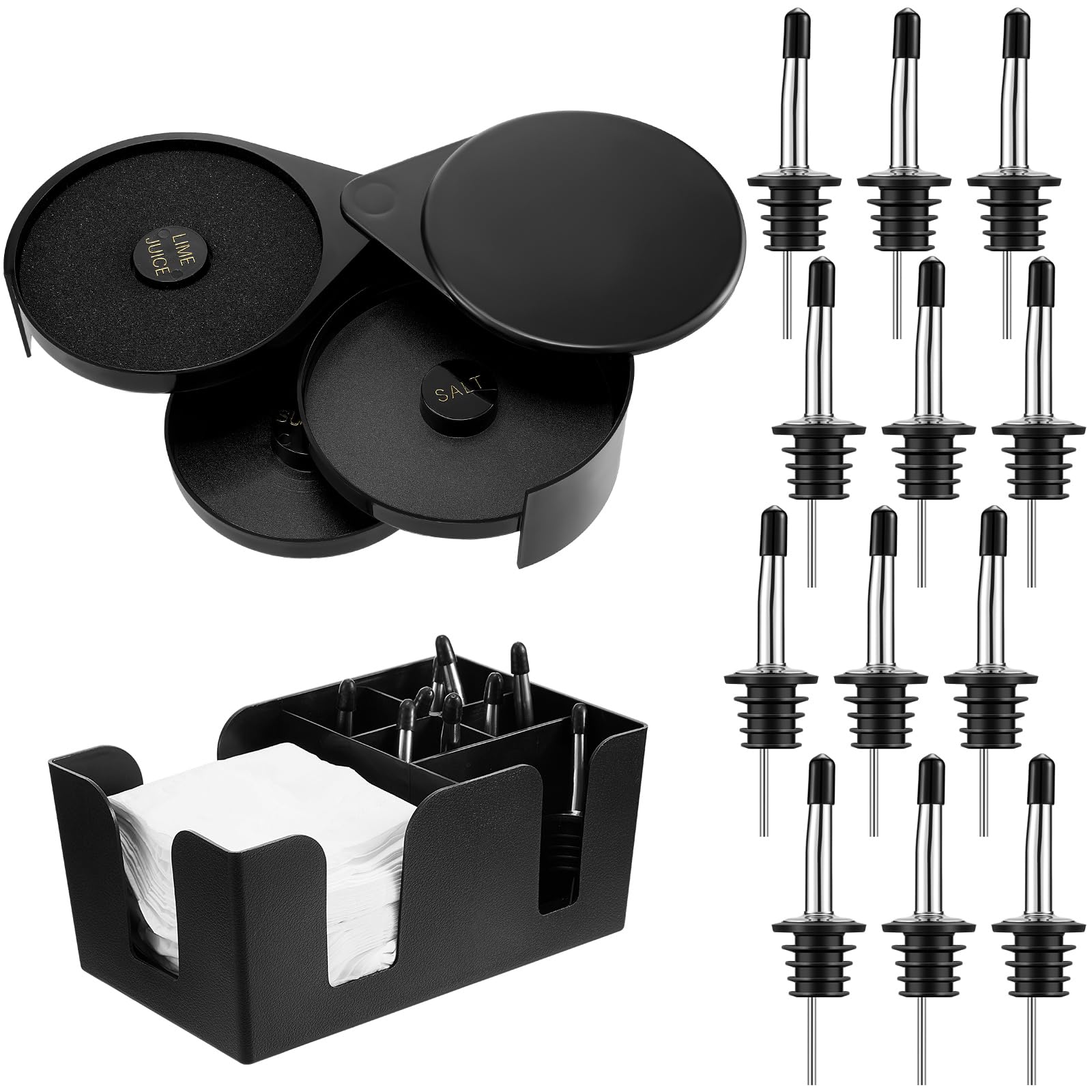 Photo 1 of Mifoci 3 Tier Bar Glass Rimmer Bartender Tool Salt Rimmer for Cocktails Margarita 12 Pcs Stainless Steel Classic Bottle Pourers and Bar Caddy Set with 6 Compartments for Bartender Accessories Party