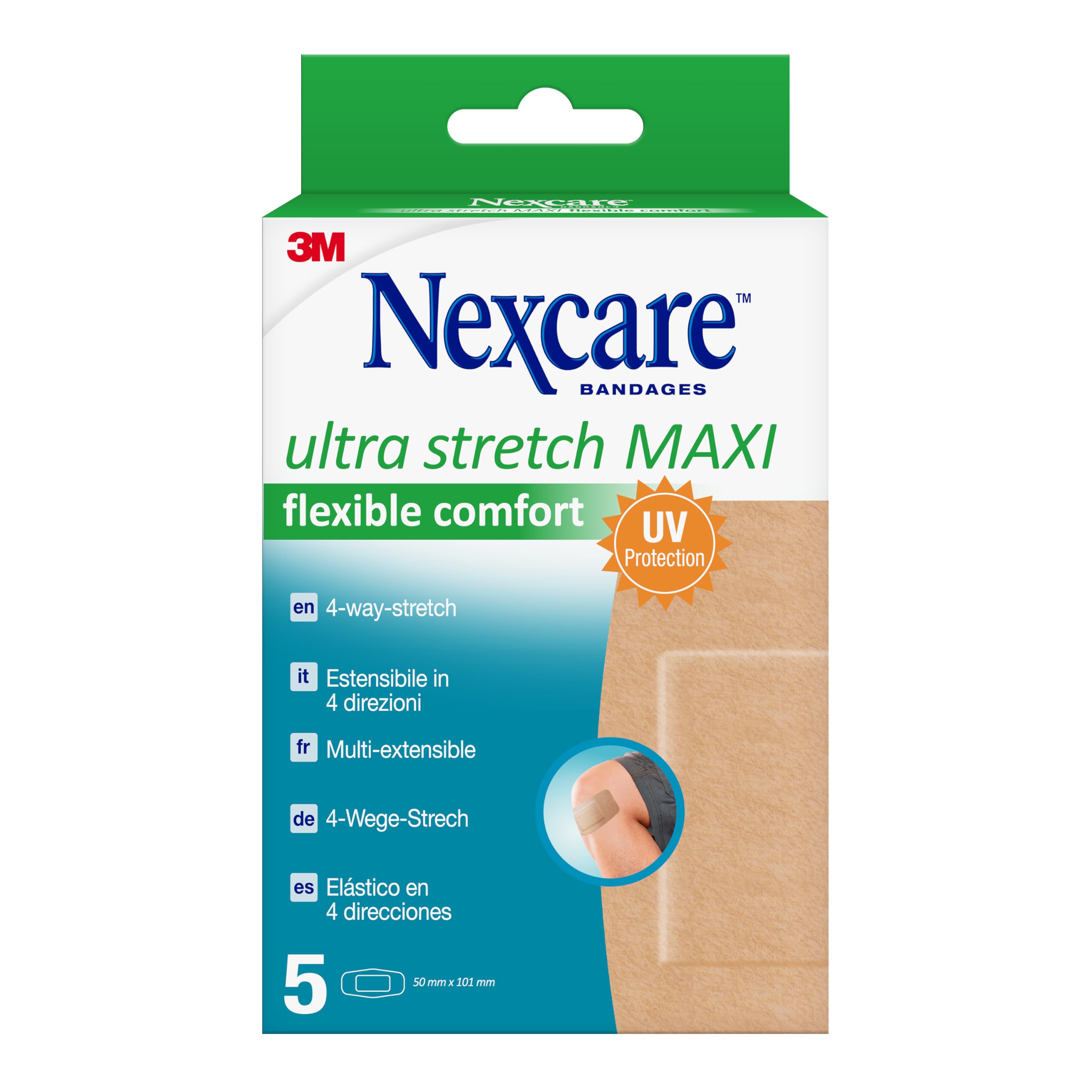 Nexcare Ultra Stretch MAXI Flexible Comfort Plasters, 50 mm x 101 mm, 5 per Pack - Breathable and Waterproof for Minor Wounds, Scratches, Plasters for First Aid Kits