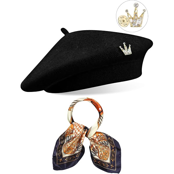 6167 6 Pieces Wool Beret Hat With Silky Scarf Brooch Solid Color French Beanie SATINIOR 6 Pieces Wool Beret Hat with Silky Scarf Brooch  main image 4
