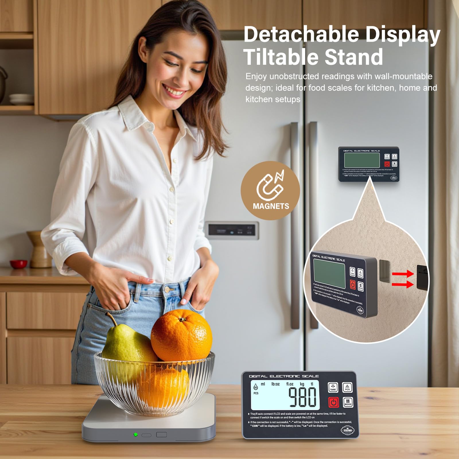 Rechargeable Digital Kitchen Food Scale - Detachable Display Electronic Weight Scale for Bread Making & Coffee Brewing, 304 Stainless Steel Platform, Backlit LCD, Count Mode, Wall-Mount & Tilt Stand