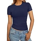 GKBK Women's Casual Basic Going Out Tops Slim Fit Short Sleeve T Shirts Summer Crew Neck Tight Crop Tops