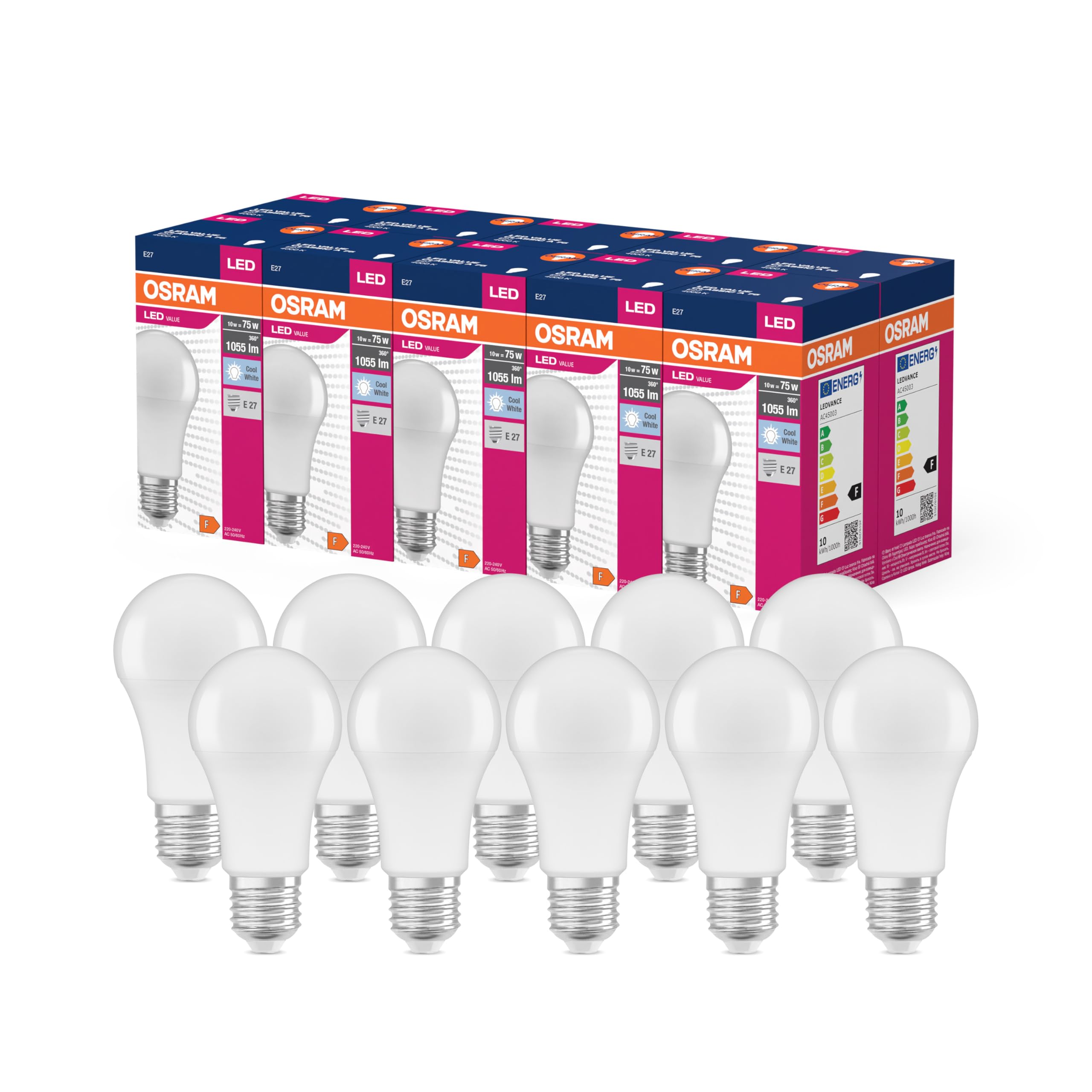 OSRAM Led Star Value Classic A75 Led Lamp for E27 Socket, Pear Shape, Fri, 1055 Lumens, Cold White (4000K), Replacement for Conventional 75W Light Bulbs, Not Dimmable, 10-Pack