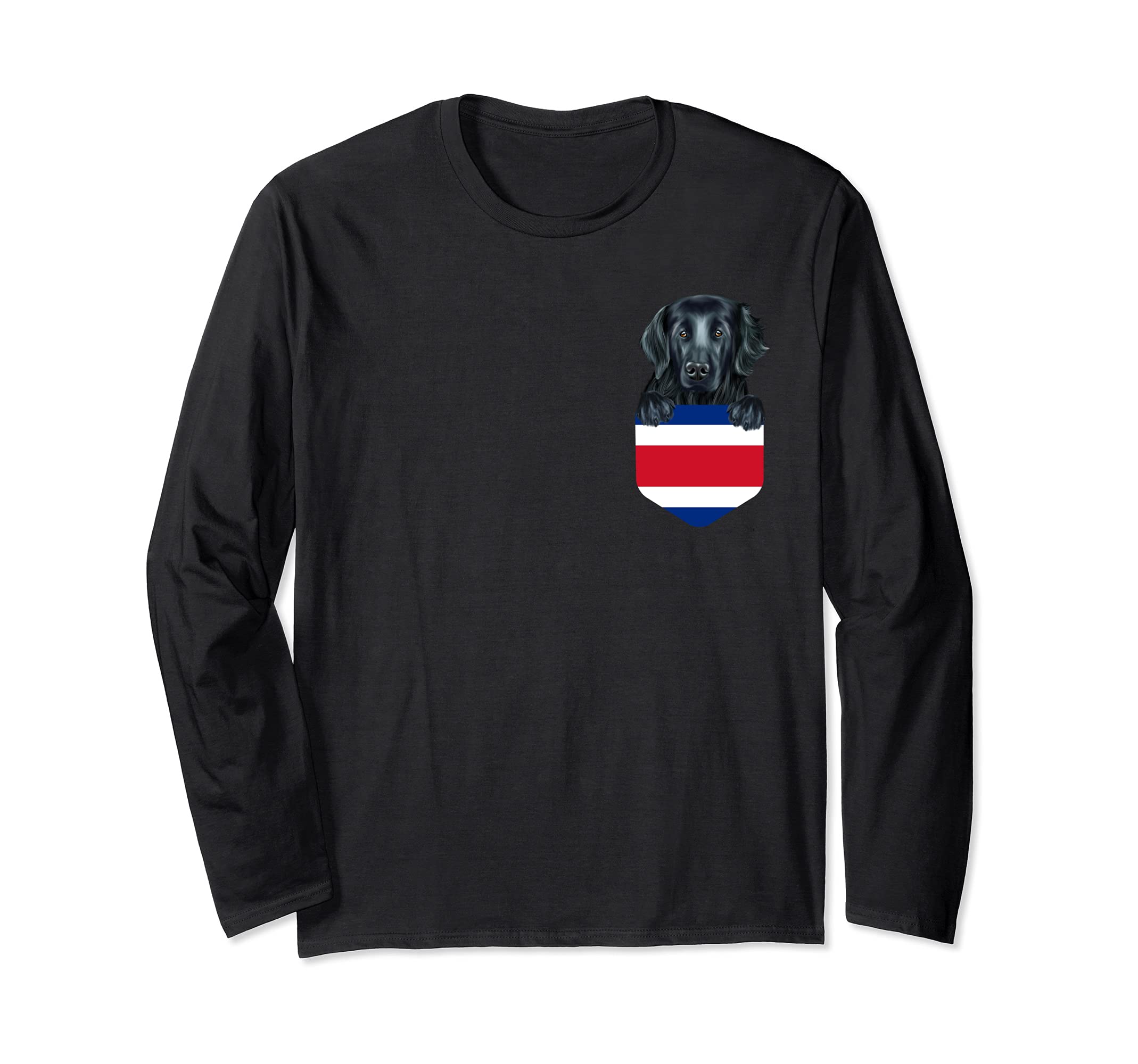 Costa Rica Flag Flat-Coated Retriever Dog In Pocket Long Sleeve T-Shirt