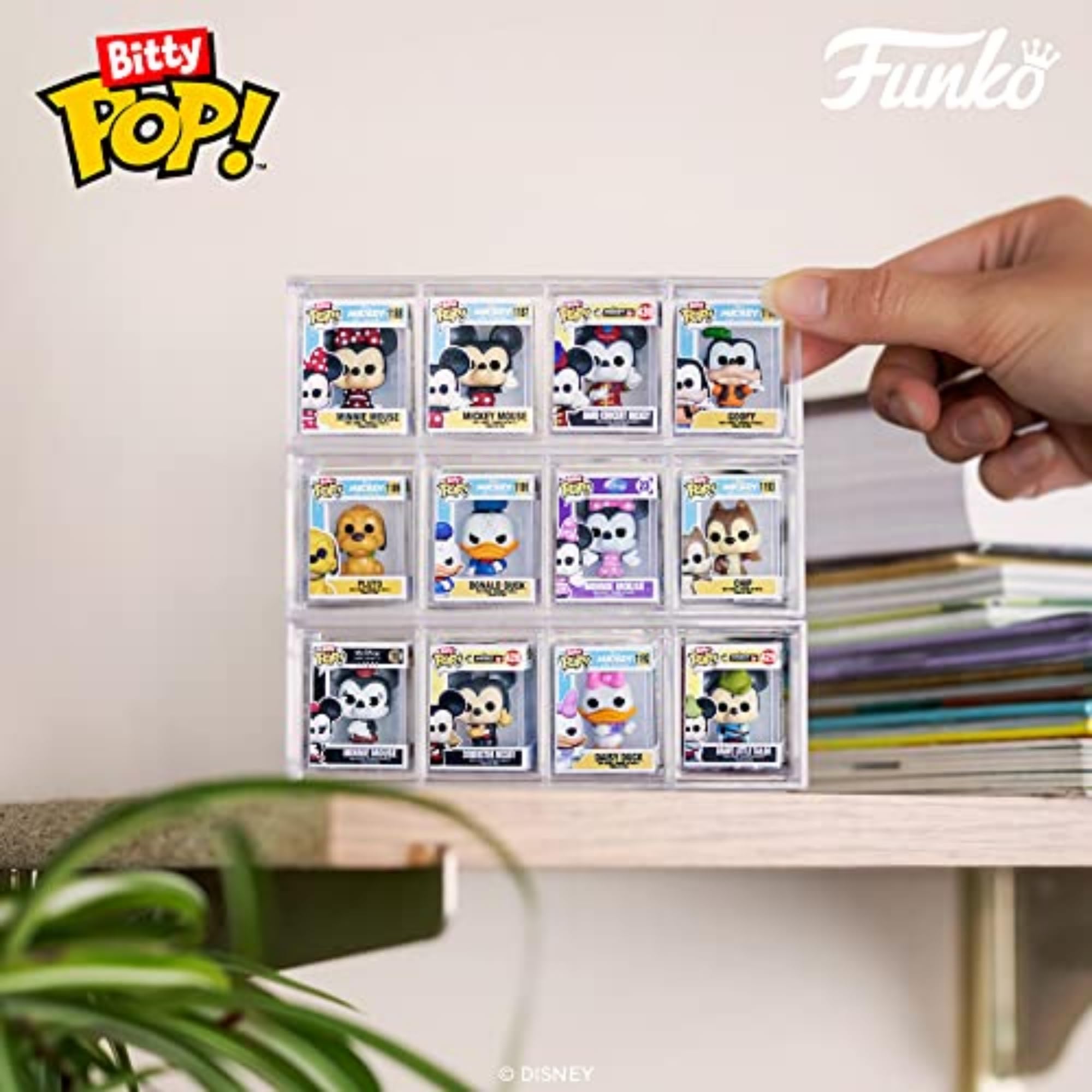Funko Bitty POP! Disney - Mickey, 4-Pack - Mickey Mouse, Minnie Mouse (Pink Dress), Pluto and A Surprise Mystery Mini Figure - 0.9 Inch (2.2 Cm) Collectable - Stackable Display Shelf Included
