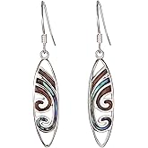 925 Sterling Silver Koa Wood and Abalone Shell Hawaiian Mauka to Makai Surfboard Dangle Hook Earrings, Nickel Free Hypoallergenic for Sensitive Skin, Gift Box Included
