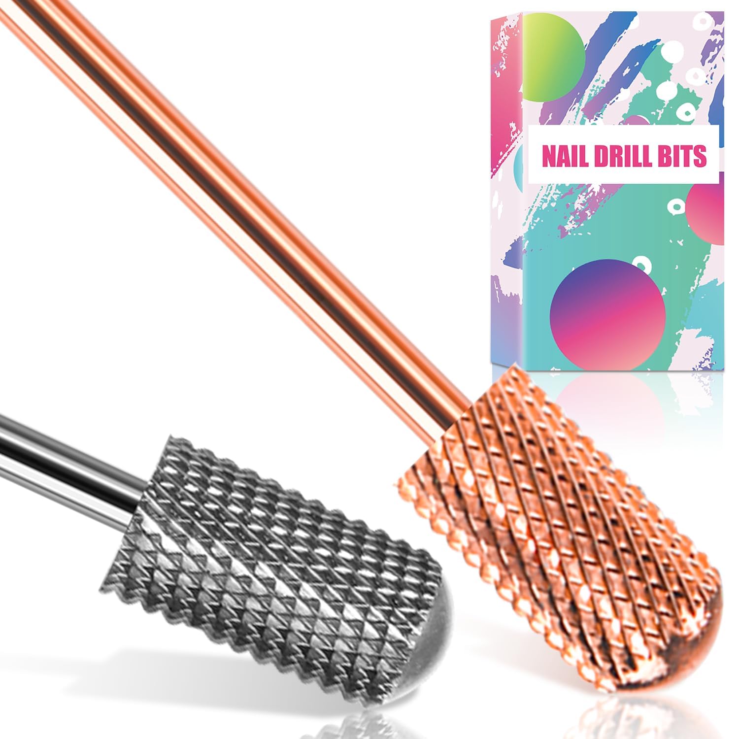 Dill Bits for Nails 2 PCS, 3/32'' Safety Nail Drill Bits, Smooth Top Carbide Bits for Acrylic, Soft Gel, MEDIUM Nail Bit Set for Manicure Pedicure, Beginners Bits, Rose Gold & Sky Grey (M)