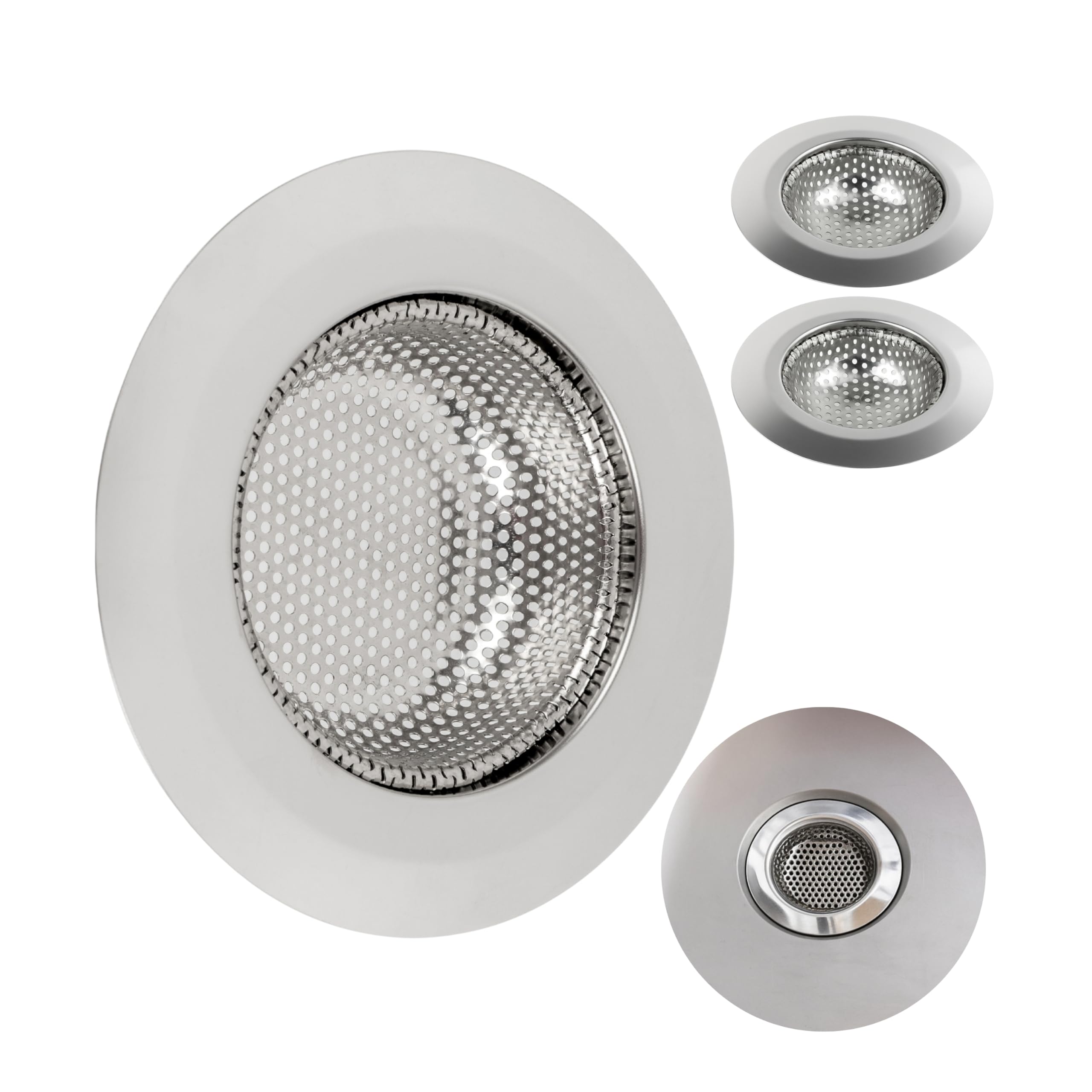 Stainless steel drain strainer, 3 pieces, Ø 70 mm outside, 44 mm inside, protrudes 18 mm into the sink, drain strainer for kitchen sink, washbasin, shower tray, bathtub