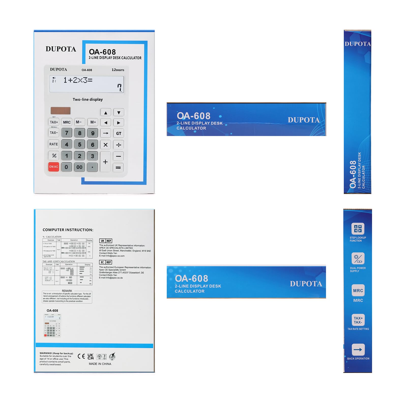 DUPOTA Taschenrechner Tischrechner Große Tasten 2 zeilig Extra Großes Display 12-stelliger Tischrechner Bürorechner Steuerberechnung Große Größe (OA-608) 9