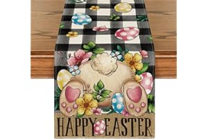 Artoid Mode Buffalo Plaid Bunny Egg Flowers Happy Easter Table Runner, Seasonal Spring Kitchen Dining Table Decor for Home Party Decor 13x72 Inch