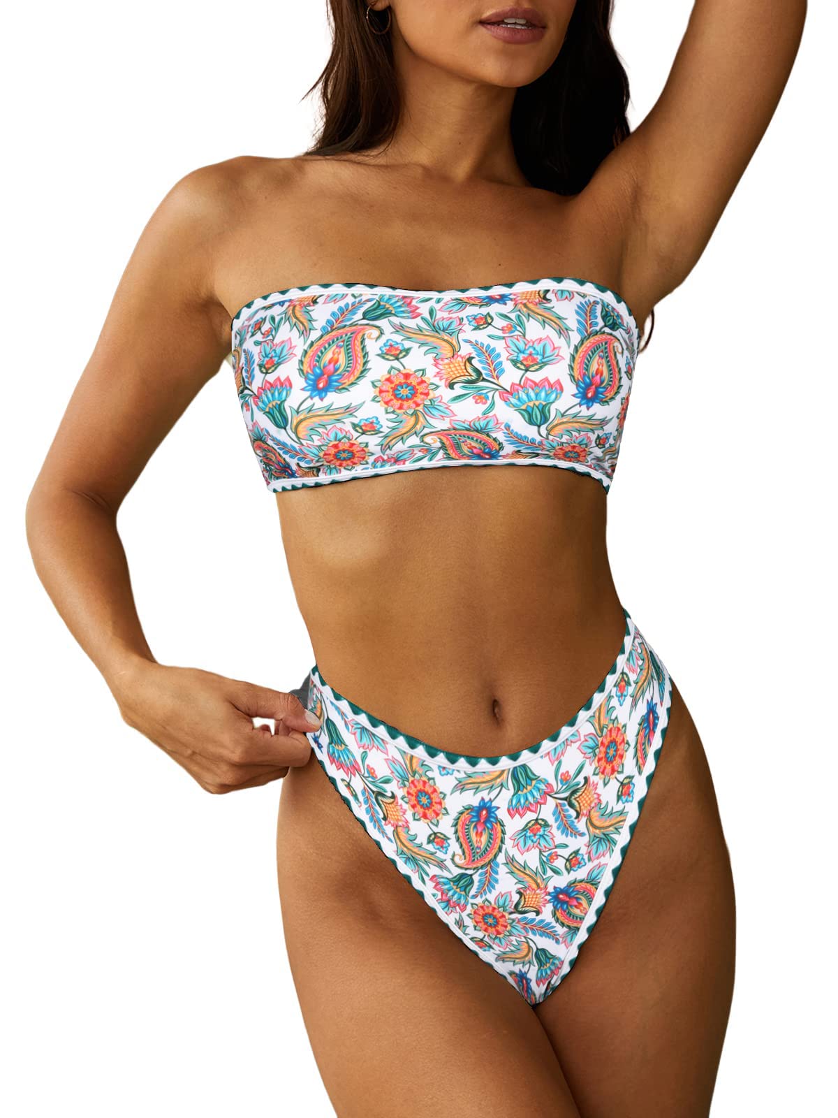 Photo 1 of ZAFUL Women Strapless Textured Bandeau Bikini 2 Piece Swimwear Cheeky Solid Lace up Bathing Suits(8-White Pink,XL)