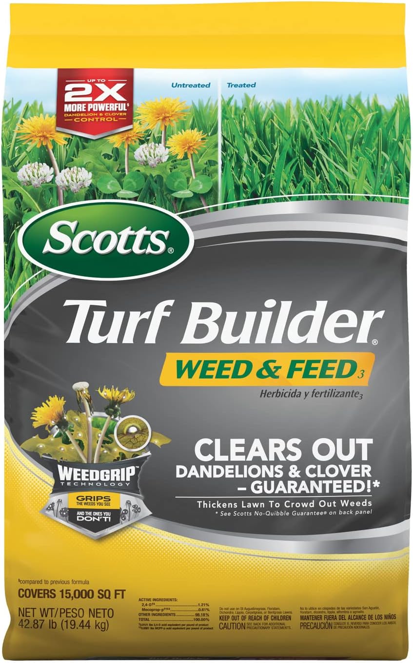 Scotts Turf Builder Weed and Feed3 - Weed Killer Plus Lawn Fertilizer, Controls Dandelion and Clover, Grass Fertilizer For Up To 15,000 sq. ft., 42.87 lbs.