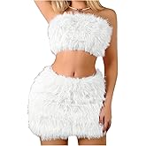 WDIRARA Women's Fuzzy 2 Piece Outfits Bandeau Crop Top Bodycon Mini Skirt Set Party Club Outfits