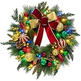 Lnymura 22 Inch Lighted Christmas Wreath with Timer, Red Bow and Ornaments | Red Gold Velvet Bow, 20 Multicolor Lights, Christmas Ornaments and Pine Greenery for Front Doors, Walls and Entryways