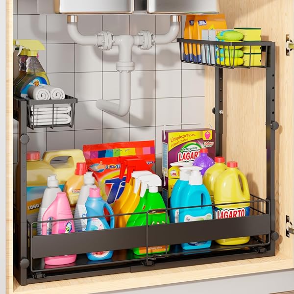 LAYZZI-WAYT EXPANDABLE UNDER SINK ORGANIZER WITH 5-LEVEL HEIGHT ADJUSTMENT,2 TIER UNDER SINK ORGANIZER PULL-OUT UNDER SINK DRAWERS CABINET ORGANIZER FOR KITCHEN & BATHROOM STORAGE,BLACK,LARGE
