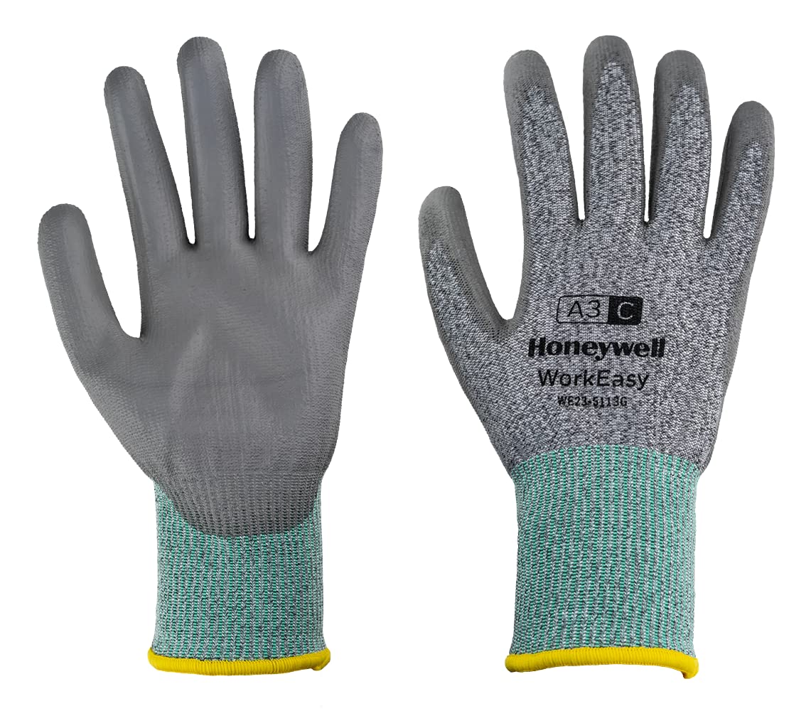 Honeywell WorkEasy Cut Protective Gloves WE23-5113G, Cut Level A3 C, Green/Grey Colour, Lightweight, Glass Fiber Knit, Medium Grey Polyurethane Coating, Size 10/XL (Pack of 10 Pairs)