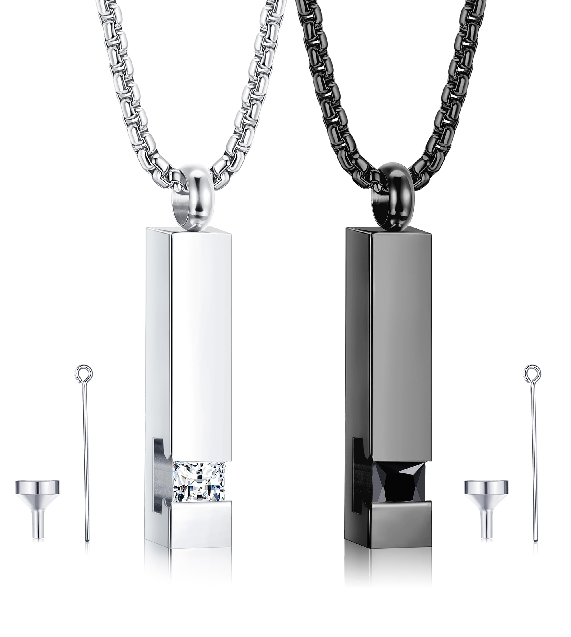 MILACOLATO 2 pcs Cremation Urn Pendant Necklace for Memorial Black Stainless Steel with CZ Necklace Ashes Jewelry Keepsakes