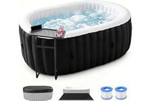 Inflatable Blow Up Hot Tub, 2 Person Oval Portable Hot Tub with Side Table, Leak-Proof PVC Outdoor Spa with 100 Air Jets, Hea