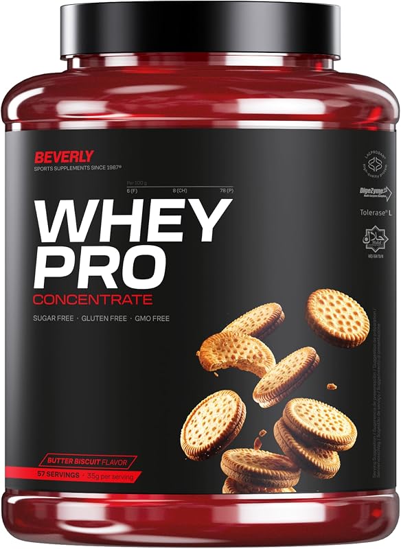 Beverly WHEY PRO 2 kg – Concentrado Premium de Proteína de Soro de Soro | 28 g de proteína por dose | 58 Serviços | Ganho Rápido de Massa Muscular e Recuperação | Ginásio e Fitness Ideal (2 kg, bolacha de manteiga)