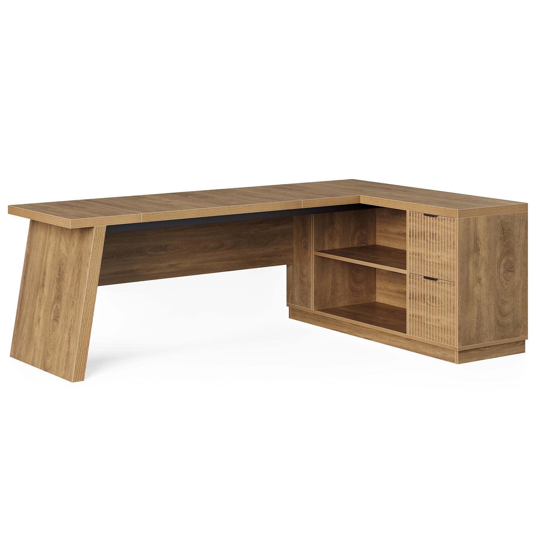 Photo 1 of LITTLE TREE 78-Inch L-Shaped Executive Desk, Modern Desk with Drawers & File Cabinet, Large Walnut Office Workstation with Storage Shelves for Home Office