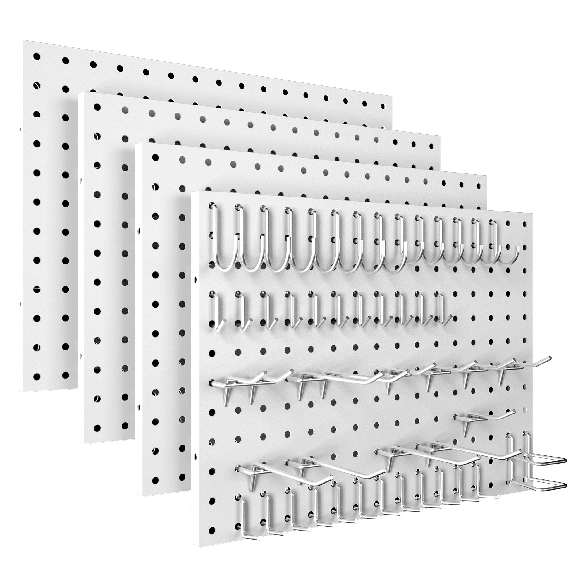 Photo 1 of Spampur Peg Board, 4 Pack Metal Pegboard Panels with 50 Hooks, White Pegboards Wall Organizer, Heavy Duty Peg Board for Walls Home, Garage Tool Storage, Office Organization, Craft Room, Kitchen