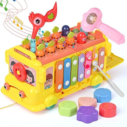 Montessori Toys for 1 Year Old: KETIEE 13 in 1 Whack a Mole Game Hammering Toy Xylophone Musical Toy Carrots Toys Shape Sorter Toddler Educational Fine Motor Skills Toys for 2 3 4 5 6 Year Olds