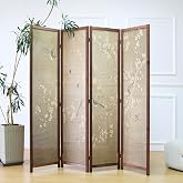 Furnnylane 4 Panel Bamboo Room Divider Screen, Double-Sided Privacy Screen | Double-Sided Plum and Birds Artwork, 5.6 ft Bamboo Print Screen, Divider for Room Separation, Decorative Screen Divider