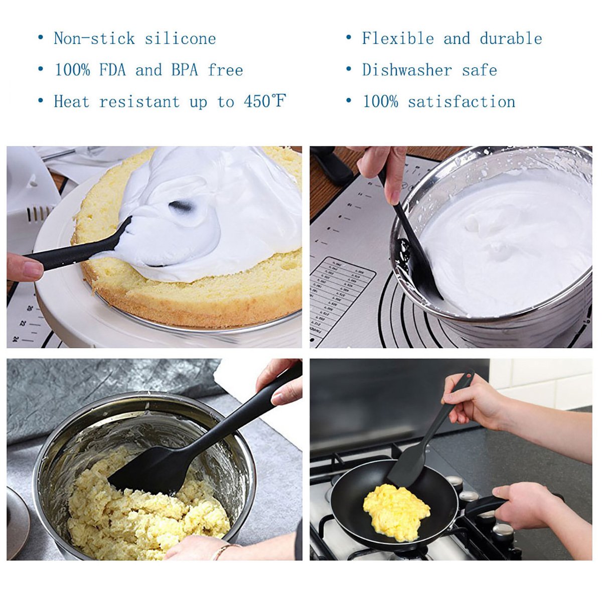 Silicone Spatula Set 4 Pieces,Cooking Baking Cake Pancake Cookie Egg Spatula, Kitchen Large Small Mixing Spatula (Black)