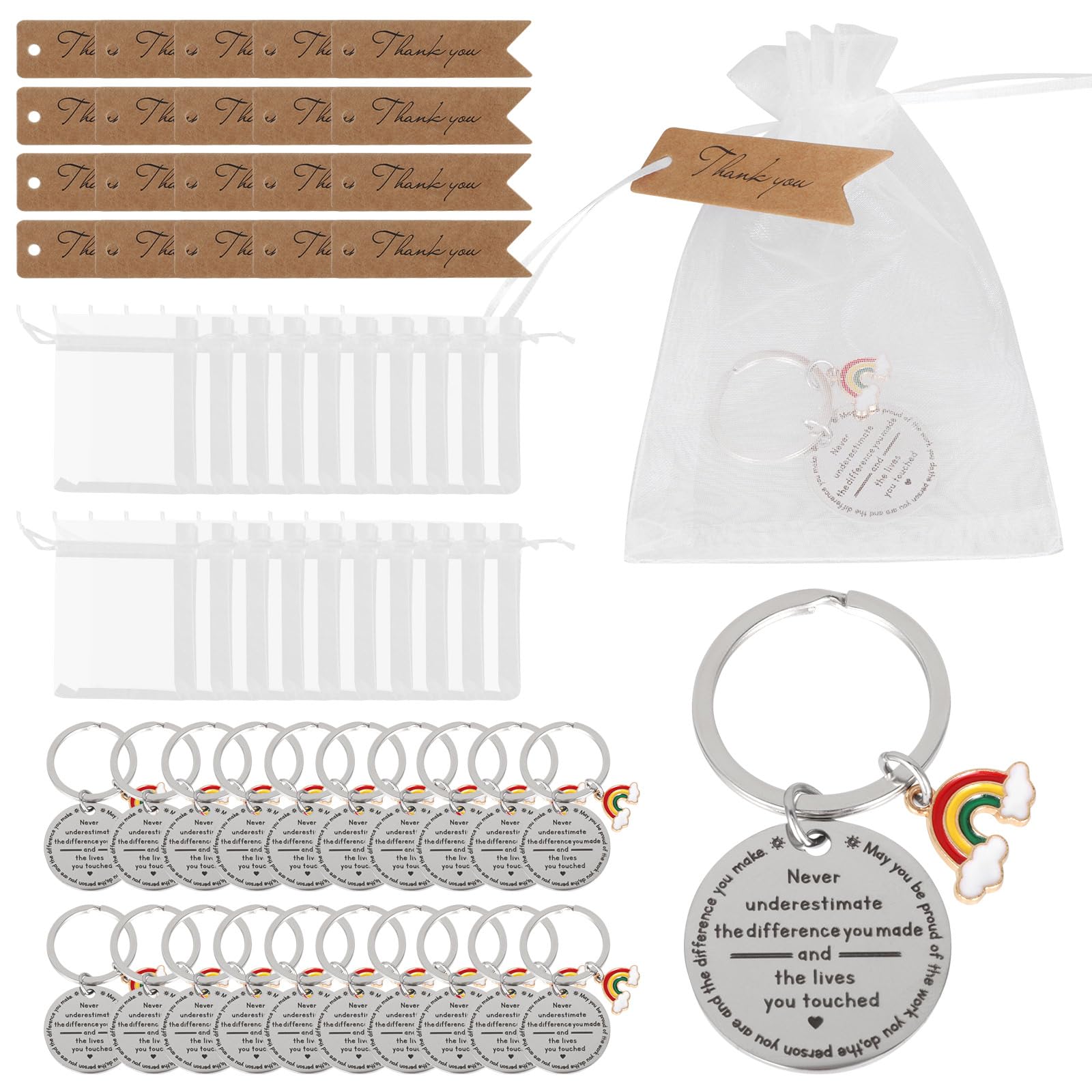 Luqixcey 20 Set Thank You Teacher Gifts,60 PCS Thank You Gifts Multipack for Colleagues,Proud of You Gifts,Rainbow Keychain White Organza Bags Thank You Cards for Thanksgiving Wedding Gifts