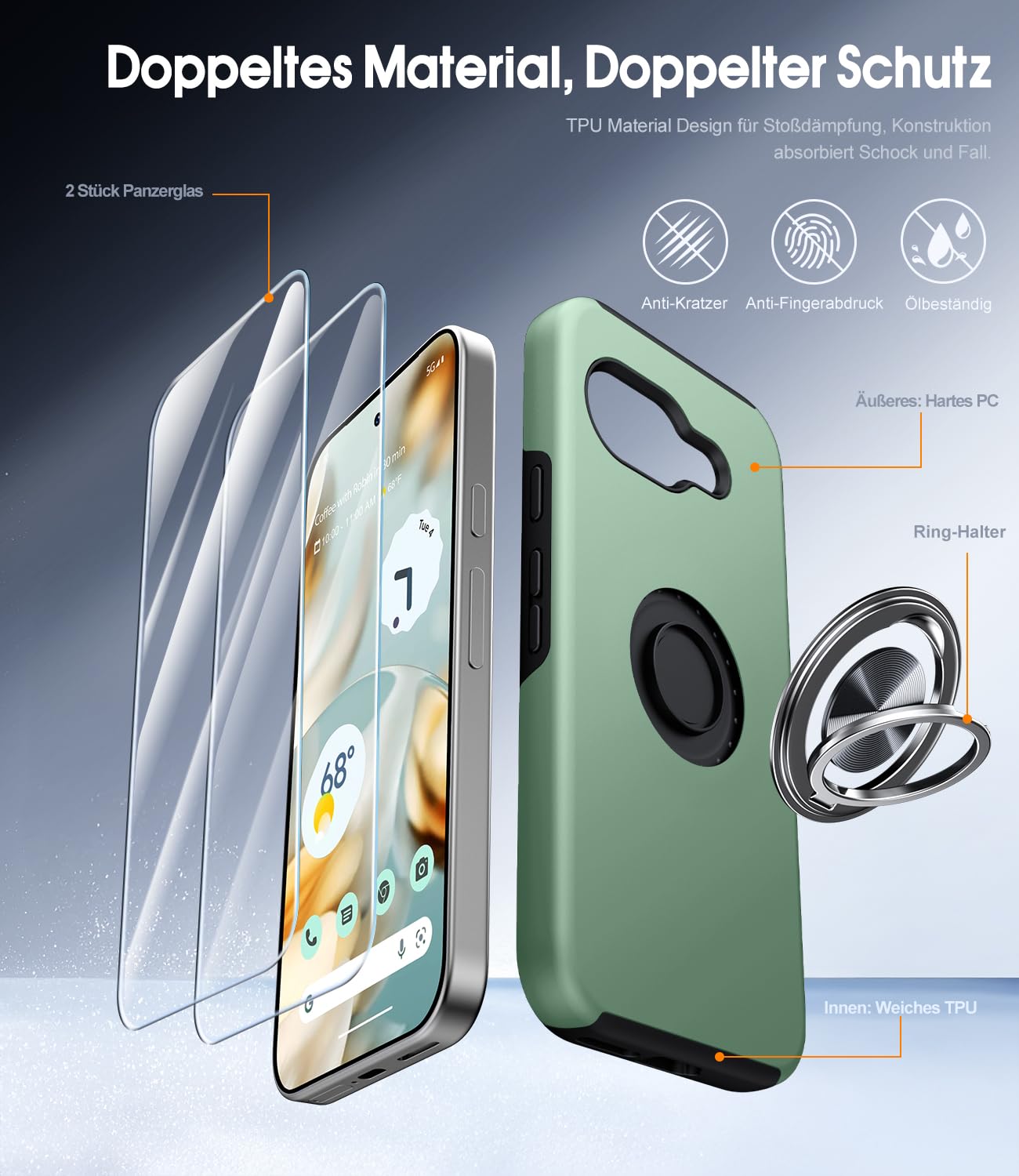 AOUIA Handyhülle für Google Pixel 10a Hülle mit 2 Stück Schutzfolie, Militärischer Schutz Stoßfest Pixel 10a Hülle mit 360° Drehbarem Ring Kickstand, Alpengrün 7