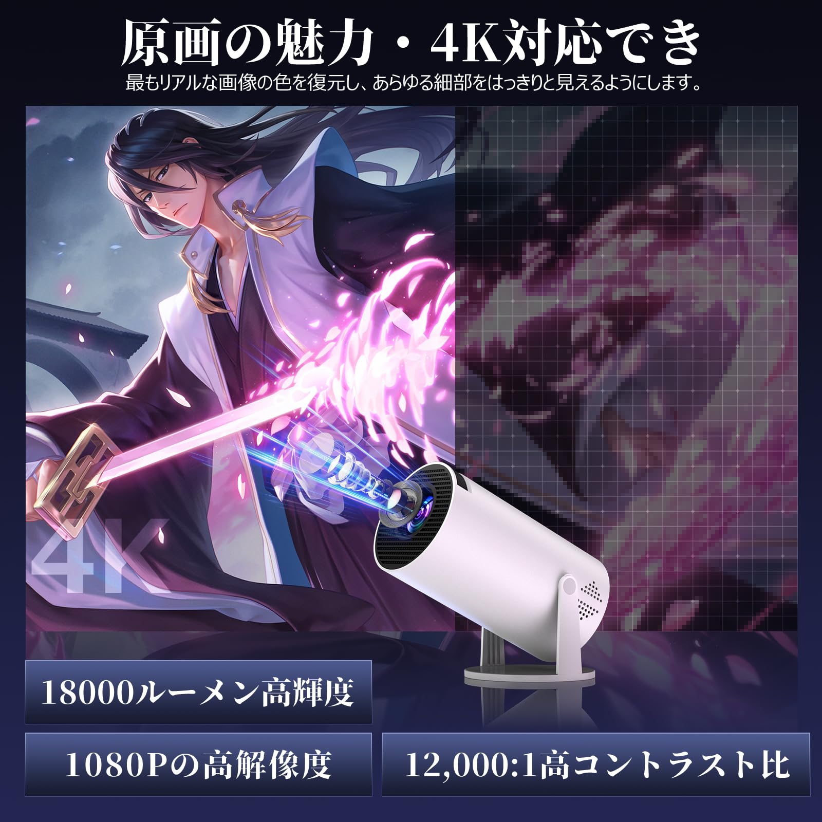 Projector for Home Use, 270° Rotation, 18,000 LM, 4K Compatible, Android TV Included, PSE Certified, Projector, Small, High Brightness, Real 1080P, Ceiling Projection, Wi-Fi 6 Instant