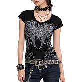 TYHOTULY Women Y2k Clothes Grunge Shirts Emo Goth Vintage 2000s Tops Short Sleeve Graphic Tees Alt Punk Scene Clothing
