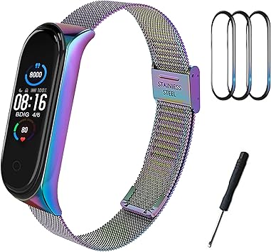 BDIG Correa Compatible para Xiaomi Mi Band 5 Correas Metal + 3 Piezas TPU Protector Pantalla, Pulsera de Acero Inoxidable Agradable para Mi Band 5 ...