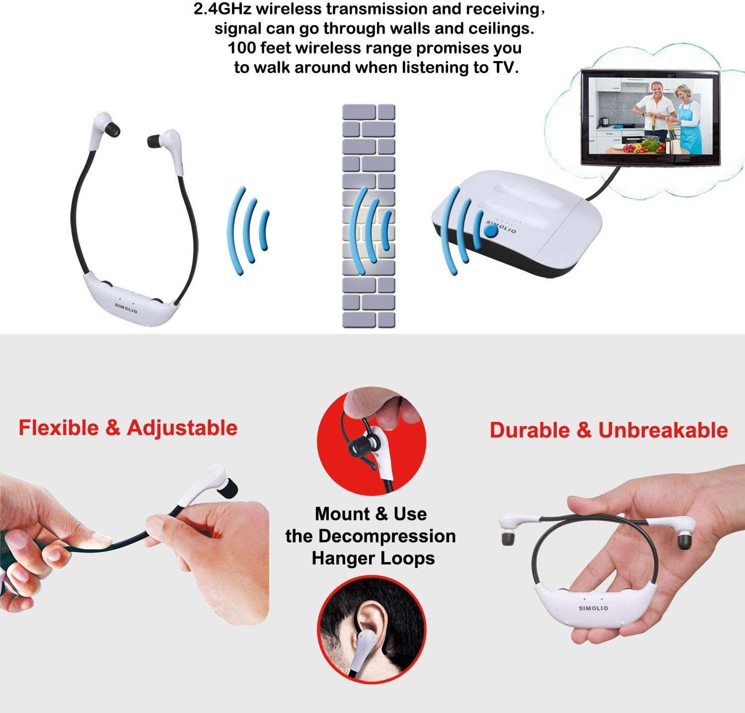 SIMOLIO Digital Wireless Headphones for TV Dialog Clarity TV Headphone for Hard of Hearing Optical Wireless Earphones with Spare Battery for Smart TV TV Hearing Earbud - Image 5