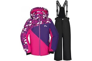 SMONTY Kids Snow Suit for Girls Winter Ski Jacket & Pants Set Hooded Straps Set Windproof Waterproof Warm