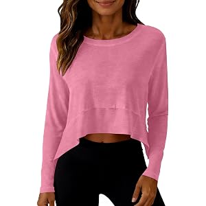 Ctreela Womens Long Sleeve Cropped Tops Crewneck Loose Sweatshirt Asymmetrical Hem Flowy Tees Workout Yoga Shirts
