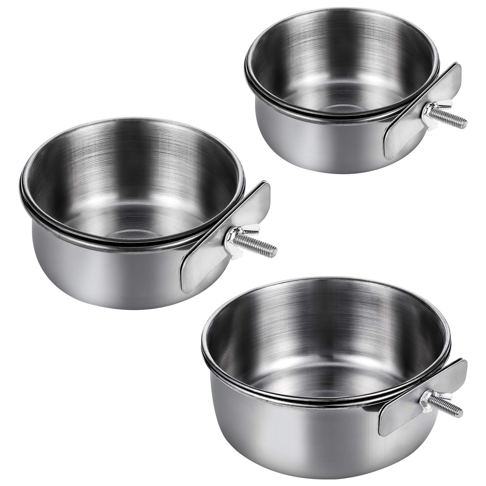 Firtink 3 Packs Bird Feeding Dish Cups, Stainless Steel Parrot Food Bowls Bird Cage with Clamp Holder for Bird Budgie Chinchilla(S/M/L)