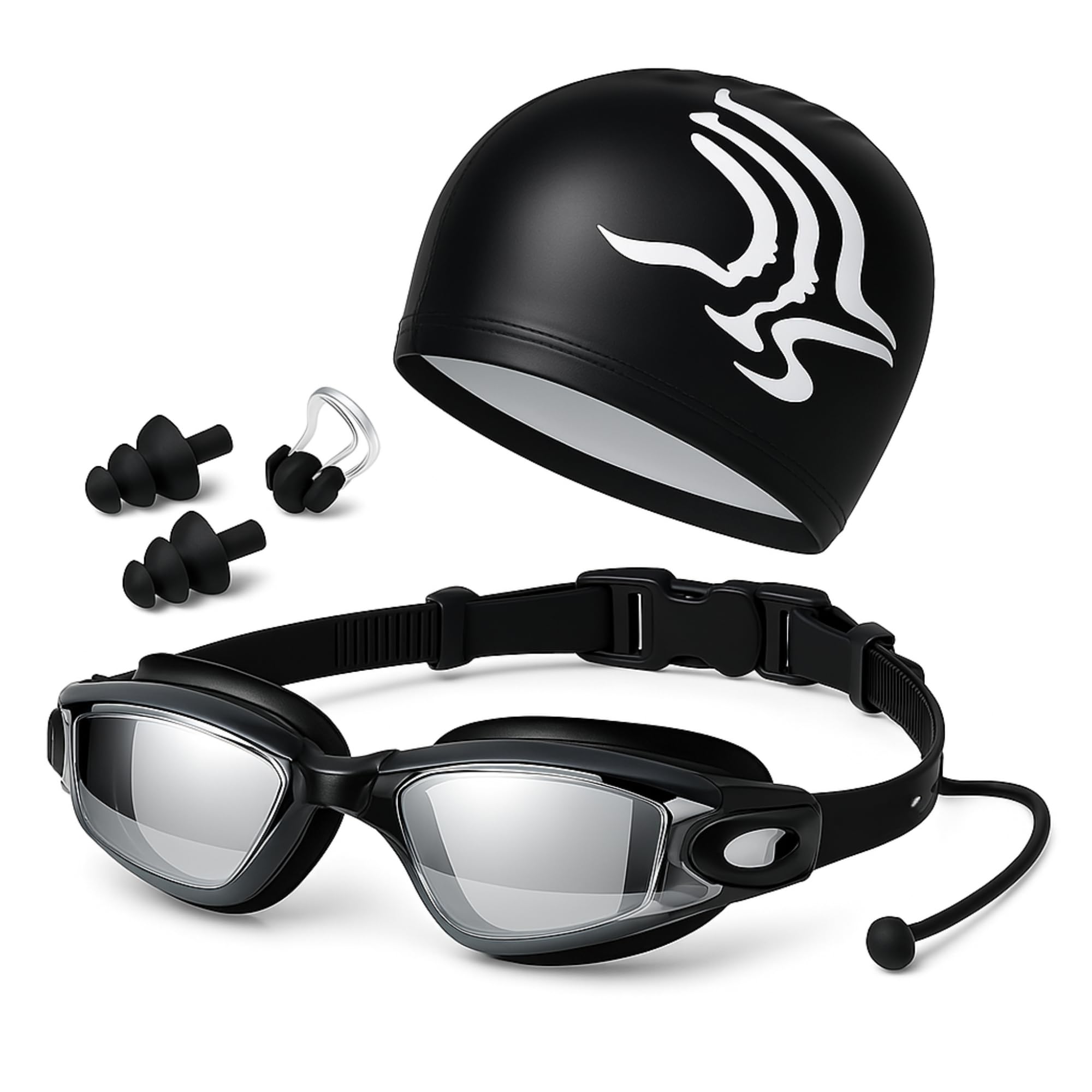 4 in 1 Swimming Kit | Goggles - Cap - Earplugs - Nose clip | Comfortable Adjustable Anti Fog UV Protected lenses | For Adults or Kids Men or Women | No Leaking | Swim Pool Sea Gift Pack | Black