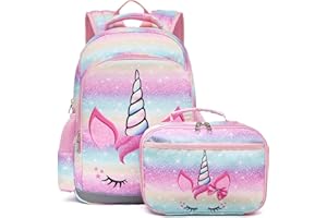 Octsky Backpack for Girls, Kids backpacks Preschool Kindergarten Bookbag Cute Lightweight With Chest Strap and Lunchbox (Unicorn)