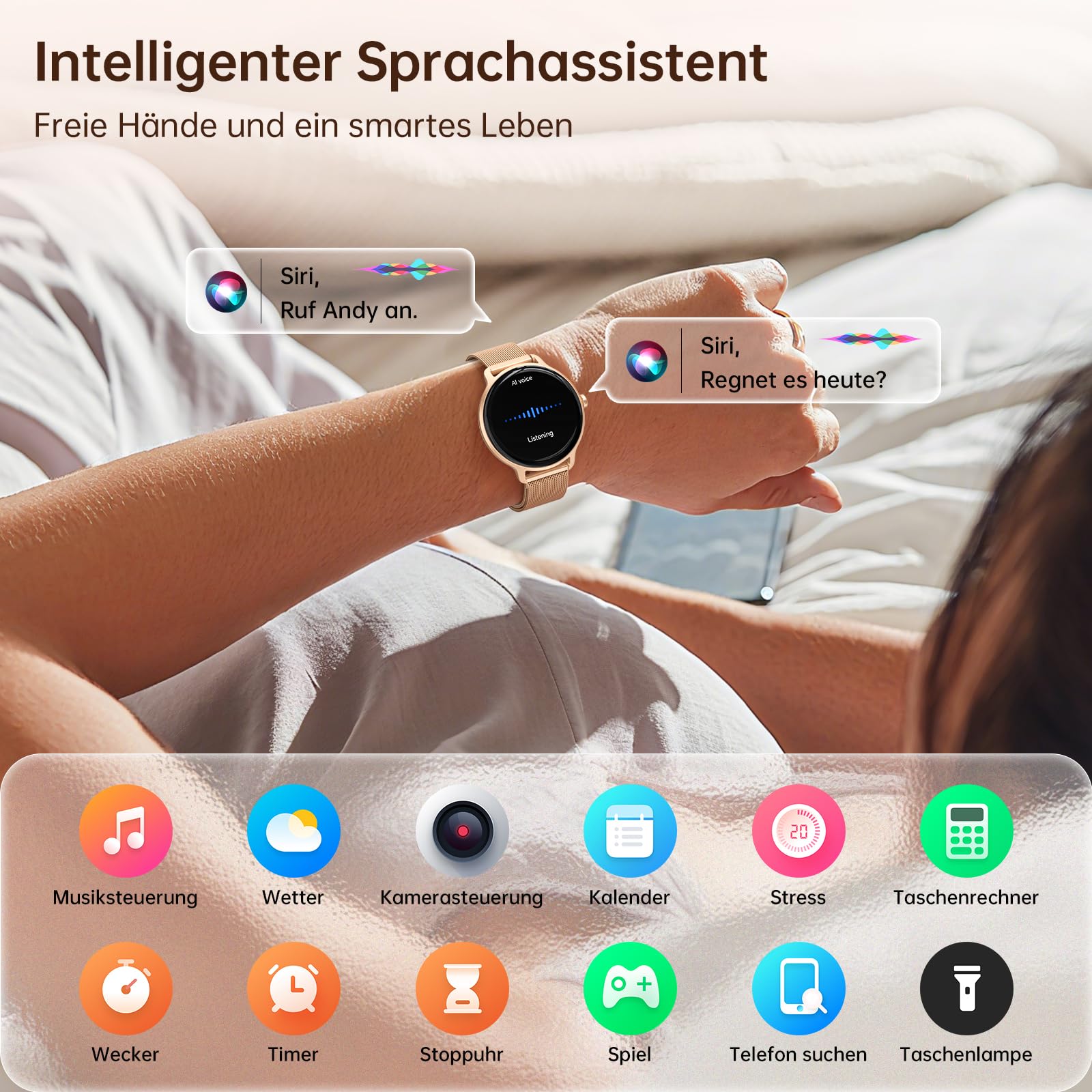 Smartwatch Damen Rund, 1.27" AMOLED Smart Watch mit Telefonfunktion, Fitnessuhr mit Pulsuhr Schlafmonitor Schrittzähler, 120+ Sportmodi Sportuhr IP68 Wasserdicht, Uhren Damen für Samsung iOS Android 8