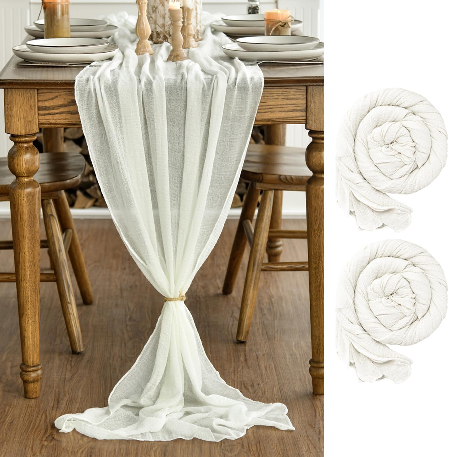 Artoid Mode Boho Ivory Gauze Wedding 2 Packs Cheesecloth 300 cm Table Runner, Bridal Fabric Kitchen Dining Holiday Table Decor for Home Party — image 1