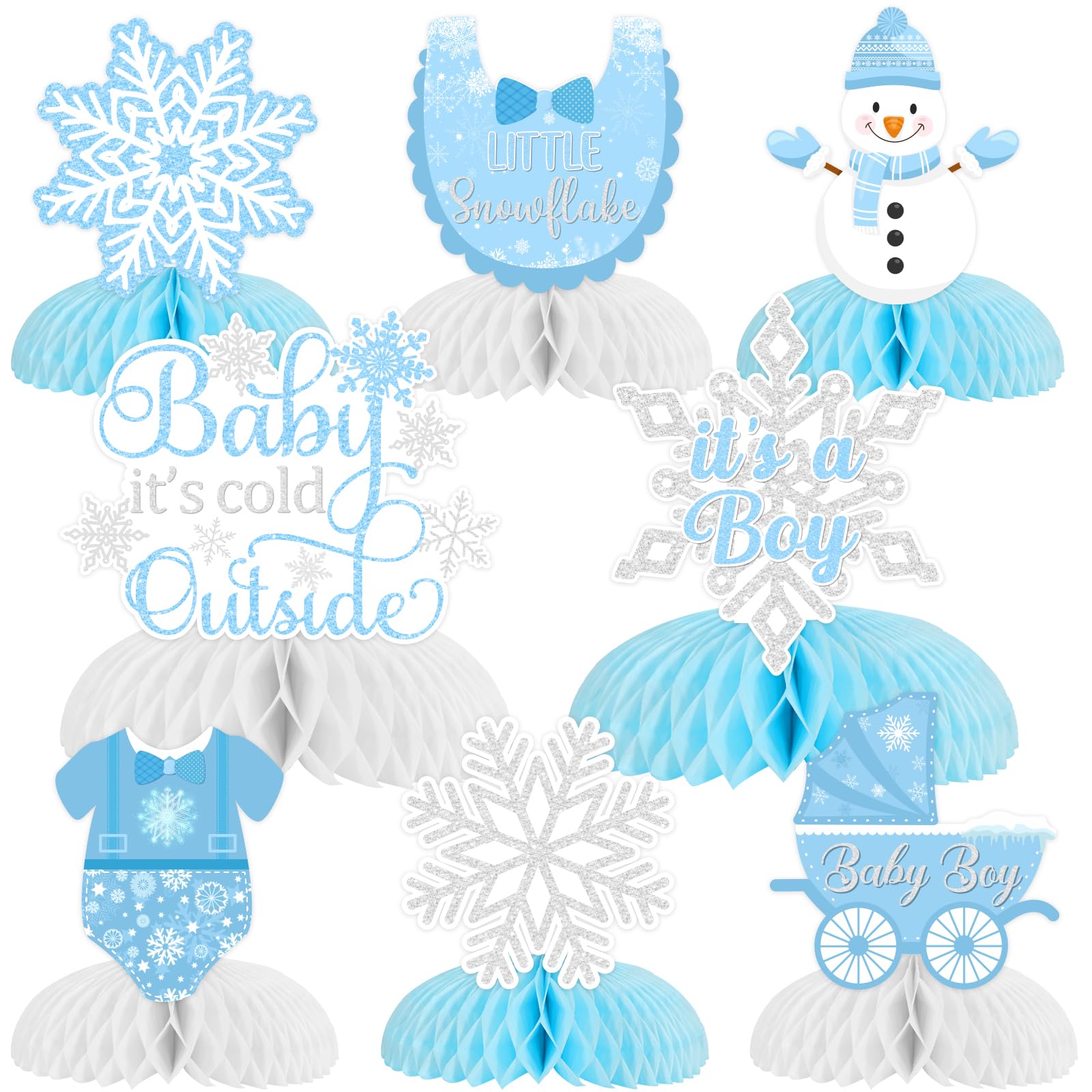 8 Pack Baby It’s Cold Outside Honeycomb Centerpieces Baby Shower Decorations for Boy, Winter Blue White Gold Little Snowflake It’s A Boy Table Toppers Decors Gender Reveal Party Supplies